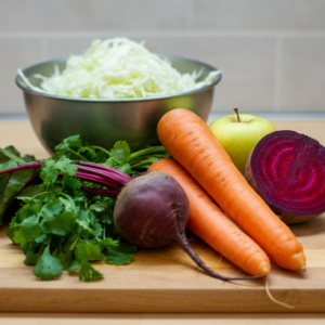 Abc Cabbage slaw ingredients, apples, carrots, beets, cabbage